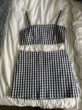 Wayf Gingham Two-Piece Crop Top & Mini Skirt Set - Navy & White